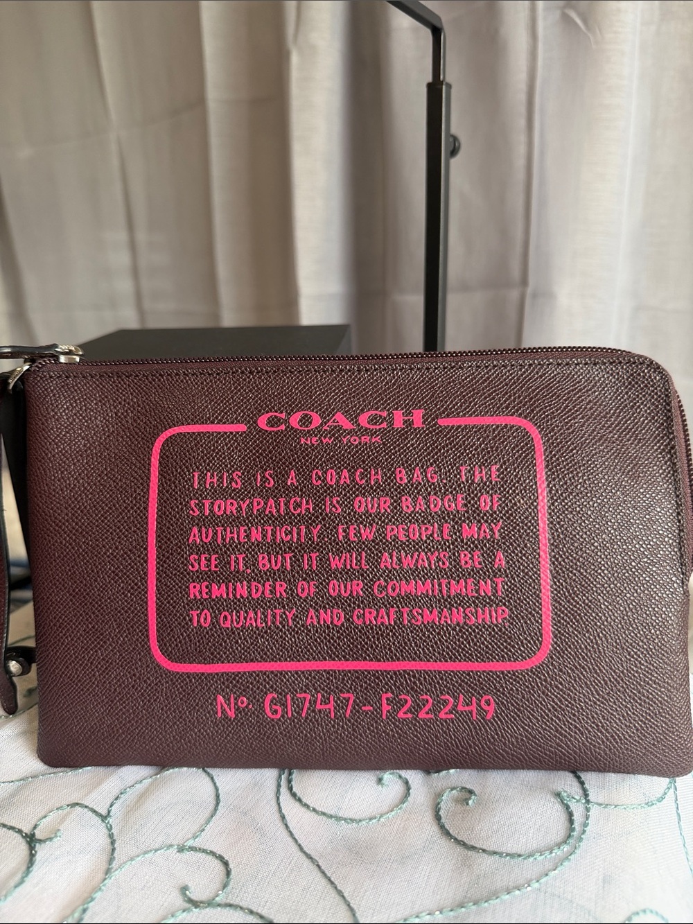 COACH Storypatch Leather Wristlet with Hot Pink Creed Logo